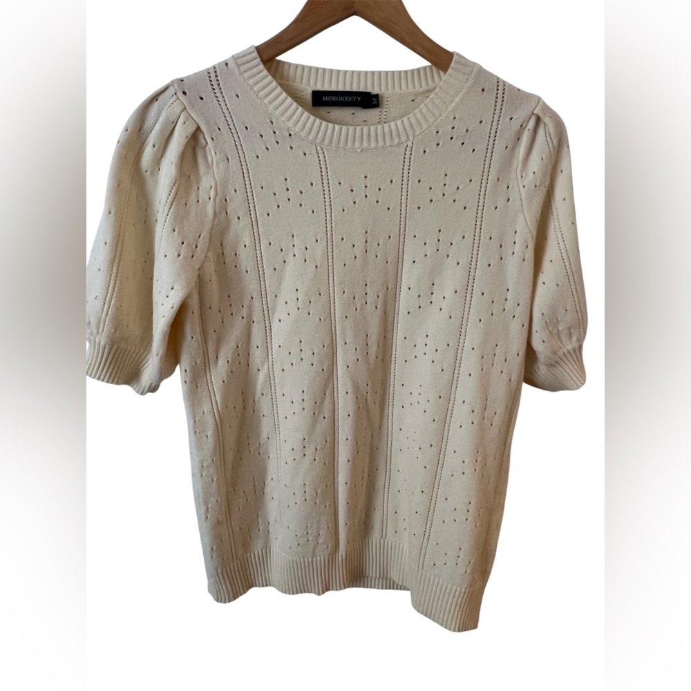 MEROKEETY Women's Puff Short Sleeve Sweater Tops Crew Neck Crochet Sz M